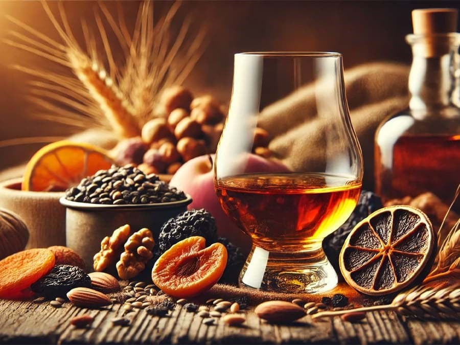 Rượu whisky kết hợp với trái cây sấy và hạt 