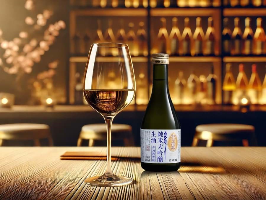 Phục vụ Sake trong ly rượu vang 