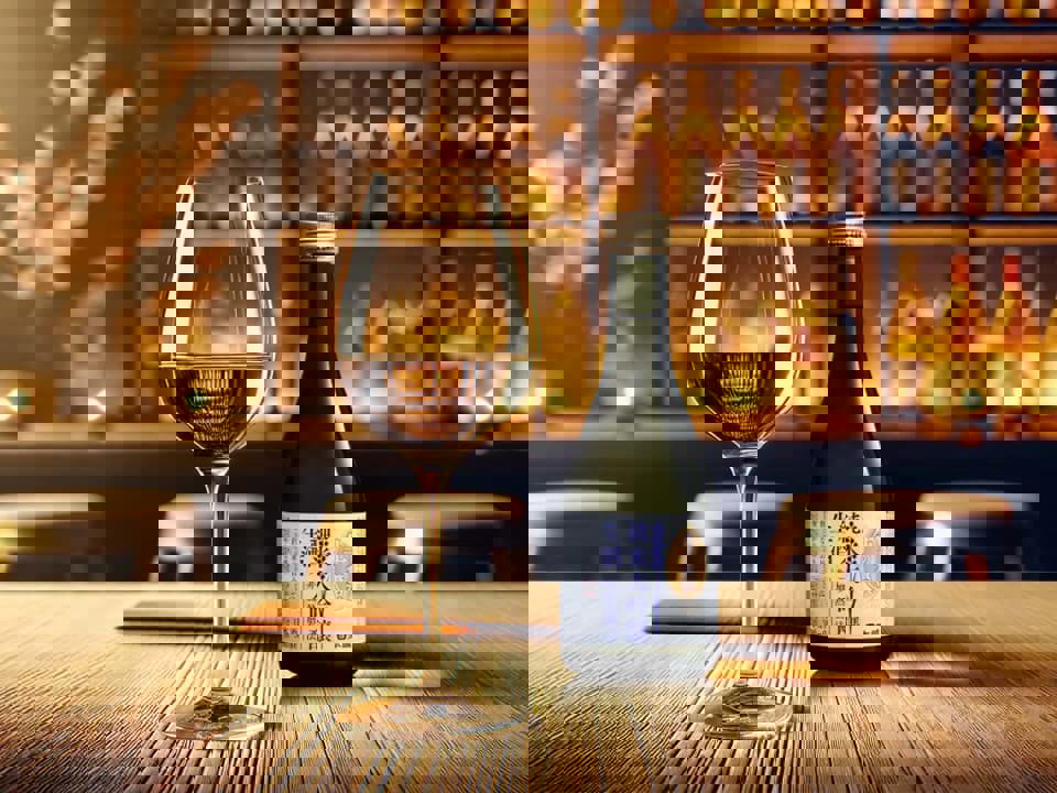 Phục vụ Sake trong ly rượu vang 