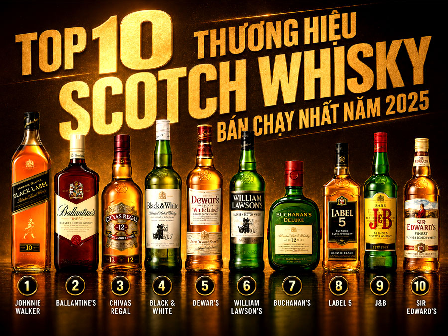 Top 10 thương hiệu Scotch whisky bán chạy nhất năm 2025 