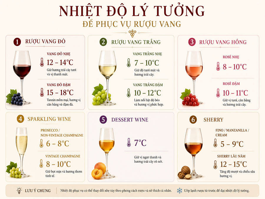 Nhiệt độ lý tưởng để phục vụ rượu vang 