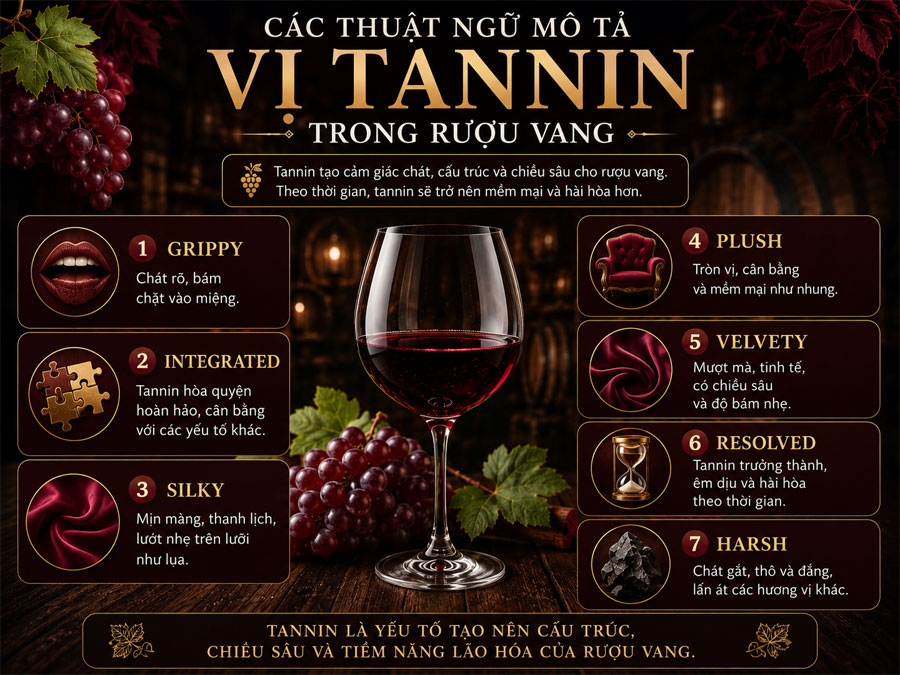 Các thuật ngữ mô tả vị Tannin trong rượu vang 