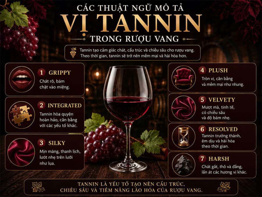 Các thuật ngữ mô tả vị Tannin trong rượu vang Các thuật ngữ mô tả vị Tannin trong rượu vang
