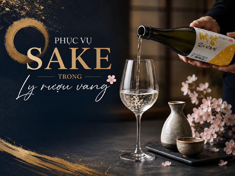 Phục vụ Sake trong ly rượu vang 